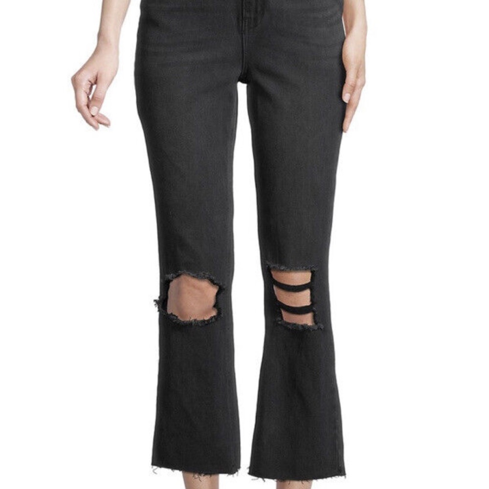 AVEC LES FILLES High Rise Distressed Raw Hem Crop Jeans in Washed Black